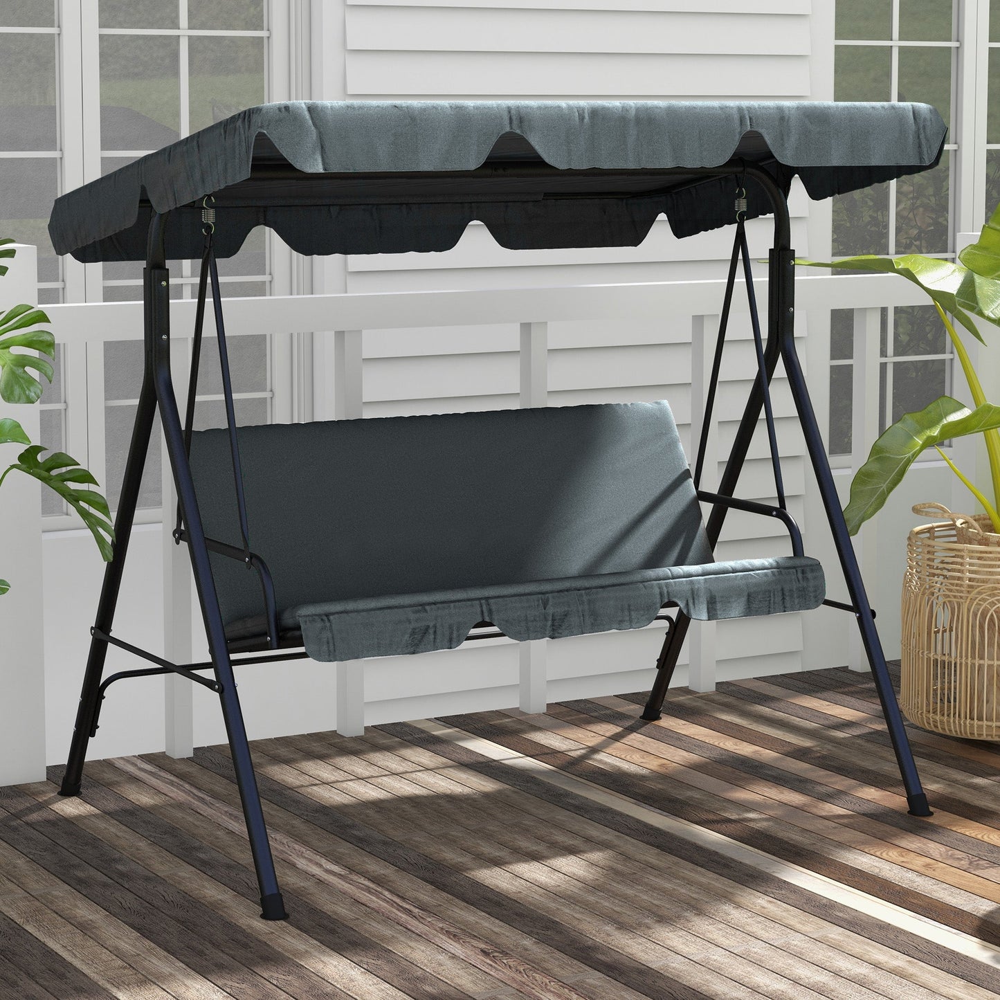 Outsunny 3 Seater Garden Swing Chair, Outdoor Swing Chair with Adjustable Canopy, Mental Frame & Cushions, Grey