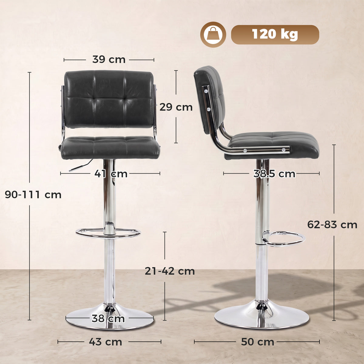 HOMCOM Bar Stools Modern PU Leather Adjustable Breakfast Bar Stools Backrest Set of 2 Grey