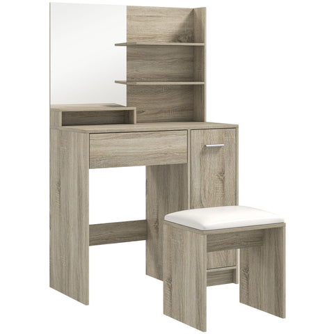 HOMCOM Dressing Table and Stool Set, with Storage - Wood-Effect