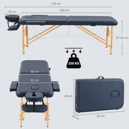 HOMCOM Portable Massage Bed, Folding Spa Beauty Massage Table with 2 Sections, Carry Bag and Wooden Frame, Dark Blue
