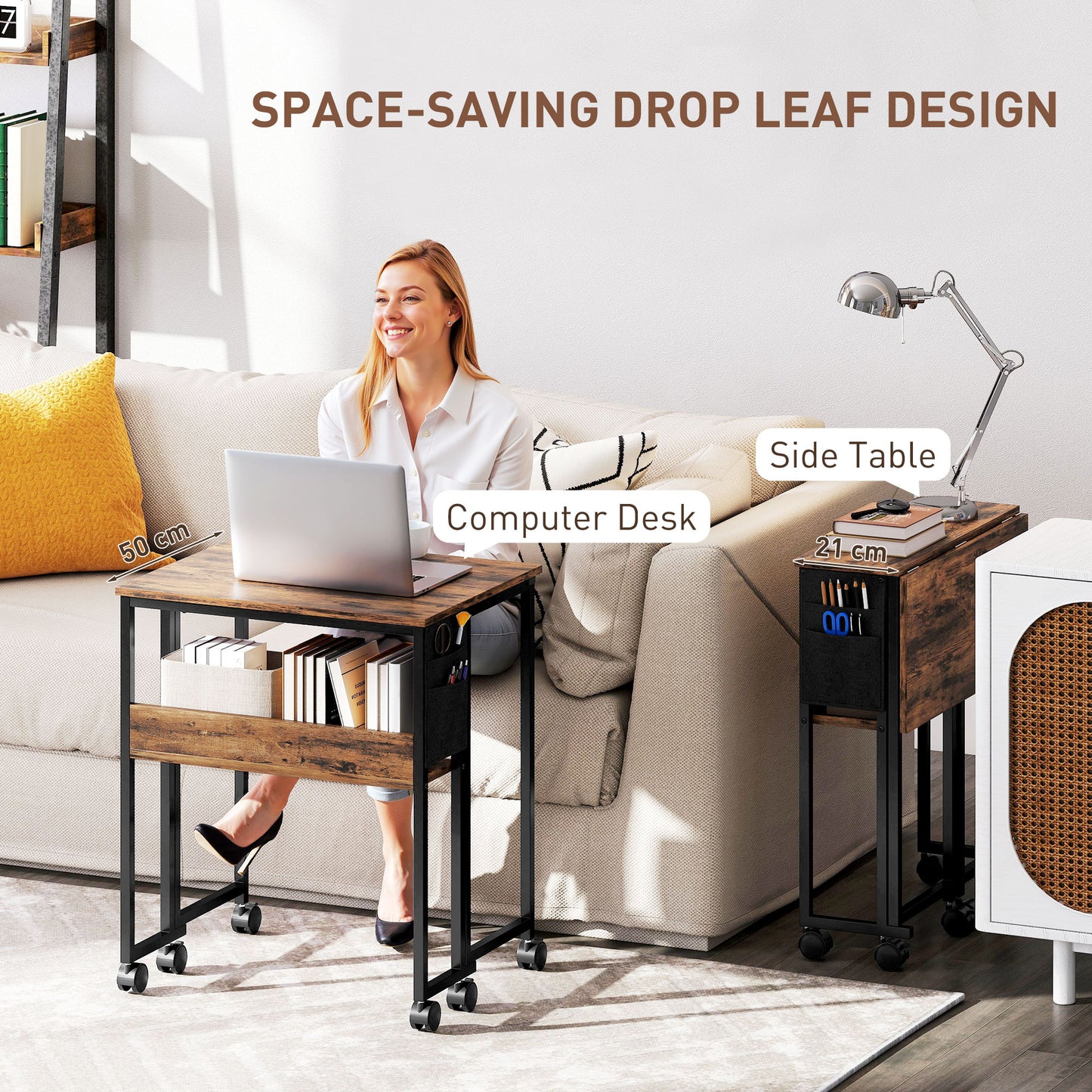 HOMCOM 63 cm Drop Leaf Writing Work Desk - Rustic Brown