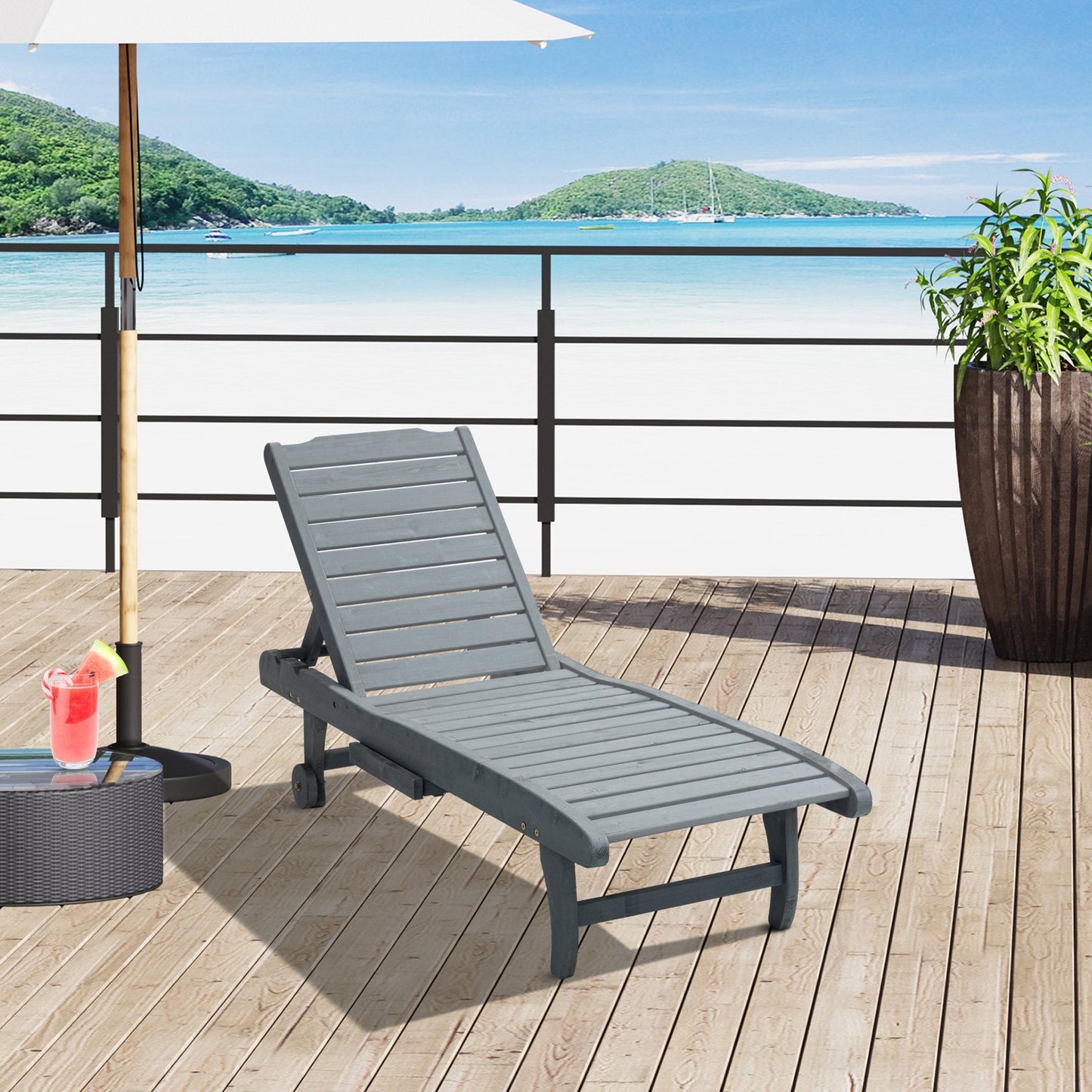 Outsunny Garden Patio Sun Lounger, Outdoor Wooden Sun Bed with Built-In Table, Reclining Backrest and Rolling Wheels for Sunbathing, Grey