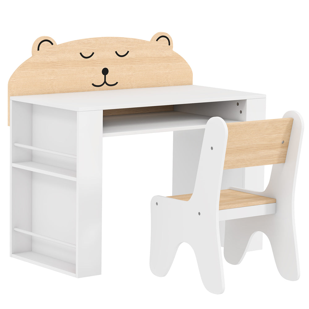 AIYAPLAY Kids Table and Chair Set with Side Bookshelves, Open Storage, Non-Slip Pads for 3-8 Y, Bedroom, Study Room, Bear-Themed