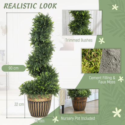 HOMCOM Set of 2 Artificial Plants, Topiary Spiral Boxwood Cypress Trees with Pot, for Home Indoor Outdoor Decor, 90cm
