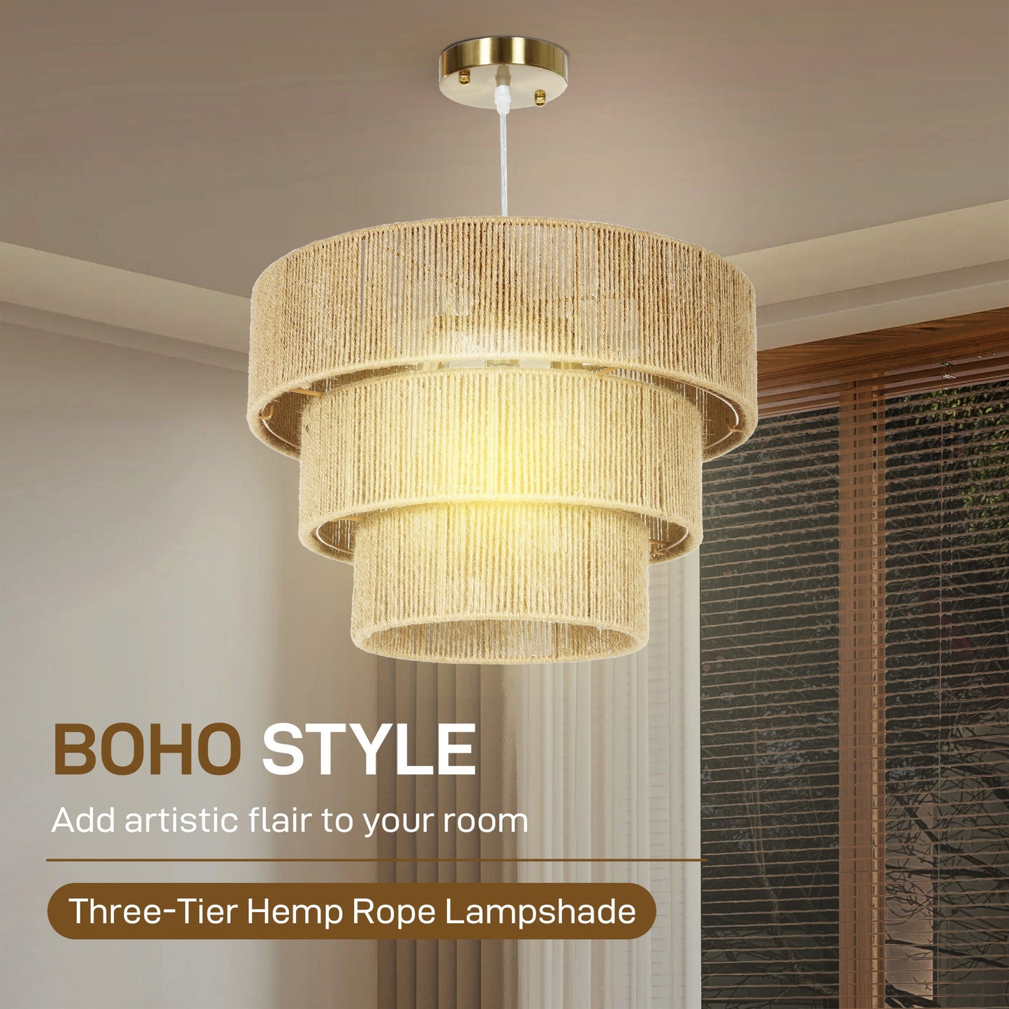 HOMCOM Hemp Rope Ceiling Light, 3-Layer Boho Pendant Light, 4 x E14 Vintage Ceiling Lamp Fixtures for Living Room, Bedroom, Kitchen, Hallway, Light Brown