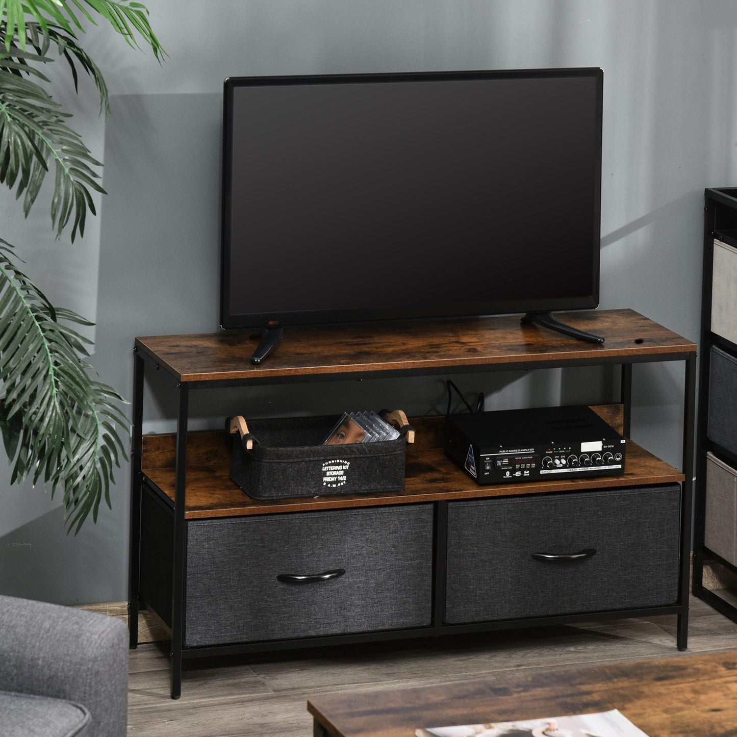 HOMCOM TV Stand Cabinet with 2 Foldable Drawers - Rustic Brown