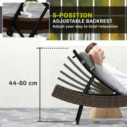 Outsunny Rattan Sun Lounger, Garden Recliner with 5 Position Adjustable Back, S Shaped Texteline Seat, Headrest, Brown