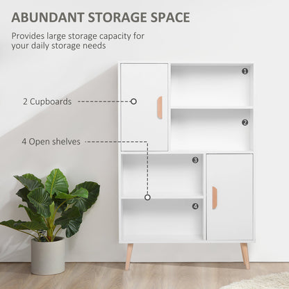 HOMCOM Sideboard Bookshelf Free Standing Bookcase Shelves Unit Display Storage Cabinet w/ Adjustable Shelves, Wooden Leg, Two Doors, White