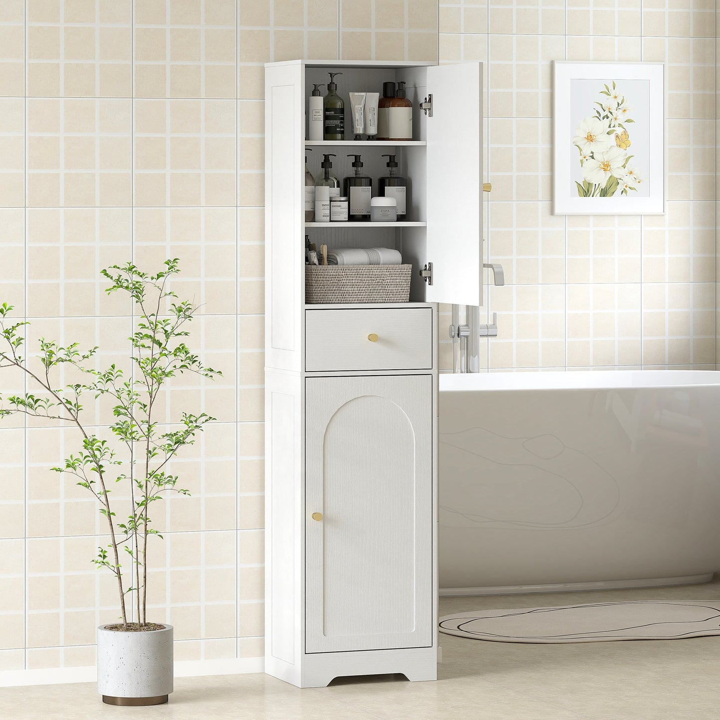 HOMCOM Tall Bathroom Cabinet with Arched Doors - White
