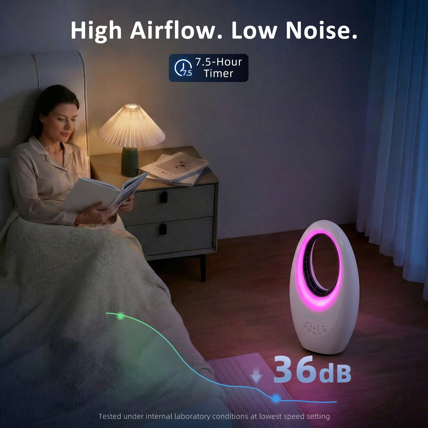 HOMCOM Bladeless Tower Fan, 36dB Standing Cooling Fan with 60° Oscillating, LED Lights, 3 Speeds, 7.5H Timer, Remote Control