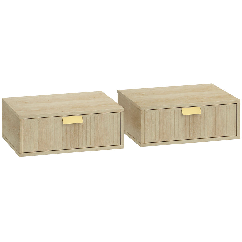 HOMCOM Modern Floating Nightstands Set of 2, Wall Mounted Bedside Tables with Wave Drawer Oak