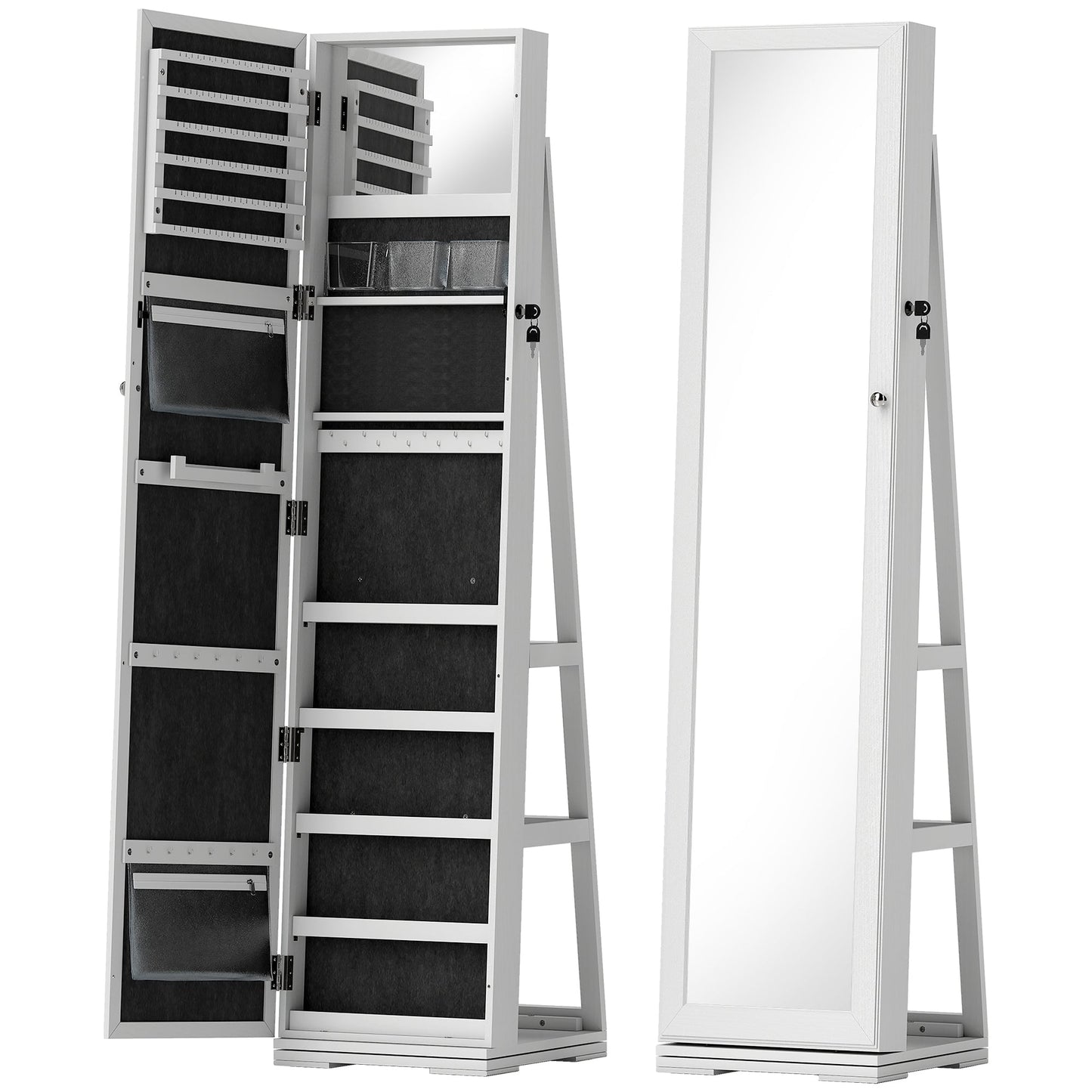 HOMCOM 360 Swivel Jewellery Cabinet, Free Standing Full Length Mirror with Storage, Lockable Jewellery Organiser with Built-in Makeup Mirror and Storage Shelves for Bedroom, White