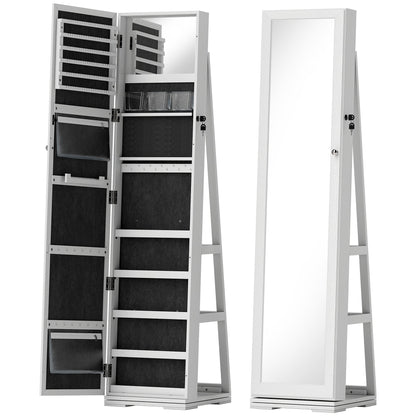 HOMCOM 360 Swivel Jewellery Cabinet, Free Standing Full Length Mirror with Storage, Lockable Jewellery Organiser with Built-in Makeup Mirror and Storage Shelves for Bedroom, White