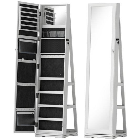 HOMCOM 360 Swivel Jewellery Cabinet, Free Standing Full Length Mirror with Storage, Lockable Jewellery Organiser with Built-in Makeup Mirror and Storage Shelves for Bedroom, White
