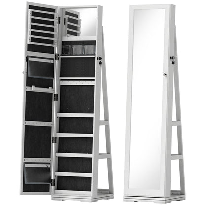 HOMCOM 360 Swivel Jewellery Cabinet, Free Standing Full Length Mirror with Storage, Lockable Jewellery Organiser with Built-in Makeup Mirror and Storage Shelves for Bedroom, White