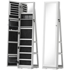 HOMCOM 360 Swivel Jewellery Cabinet, Free Standing Full Length Mirror with Storage, Lockable Jewellery Organiser with Built-in Makeup Mirror and Storage Shelves for Bedroom, White