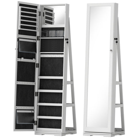 HOMCOM 360 Swivel Jewellery Cabinet, Free Standing Full Length Mirror with Storage, Lockable Jewellery Organiser with Built-in Makeup Mirror and Storage Shelves for Bedroom, White