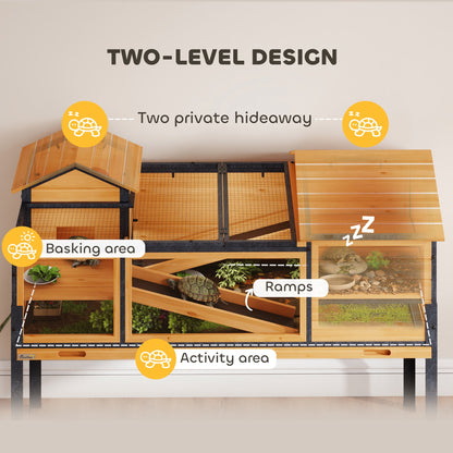PawHut Wooden Tortoise House with Stand Legs, Clear Observation Windows, Ramps, Openable Top, Built-in Tray, Yellow