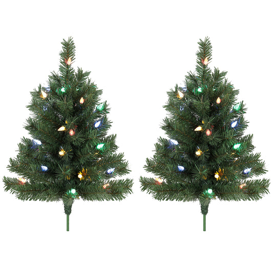 HOMCOM 60 cm Prelit Christmas Tree, 2 Packs Artificial Christmas Trees with 60 Colourful LED Lights, 130 Tips, Green
