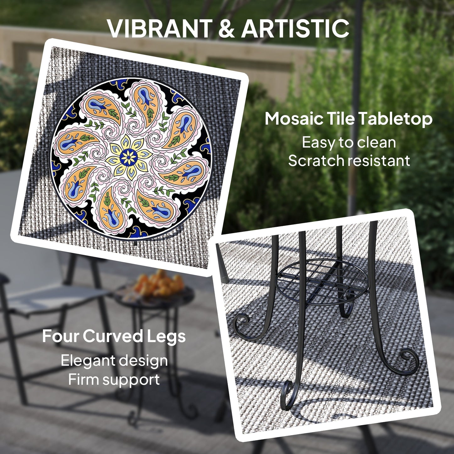 Outsunny Mosaic Garden Table, 35.5 cm Round Outdoor Table with Shelf, Ceramic Tile Top, Small Garden Side Table Bistro Table End Table Plant Stand for Indoor, Patio, Balcony, Orange