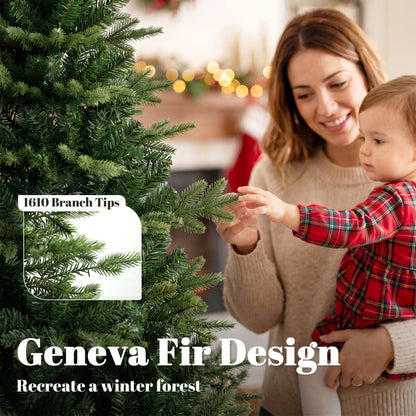 HOMCOM Geneva Fir Hinged Xmas Tree, 6ft/180cm Artificial Christmas Tree with 1610 Branch Tips, Foldable Steel Stand, Green