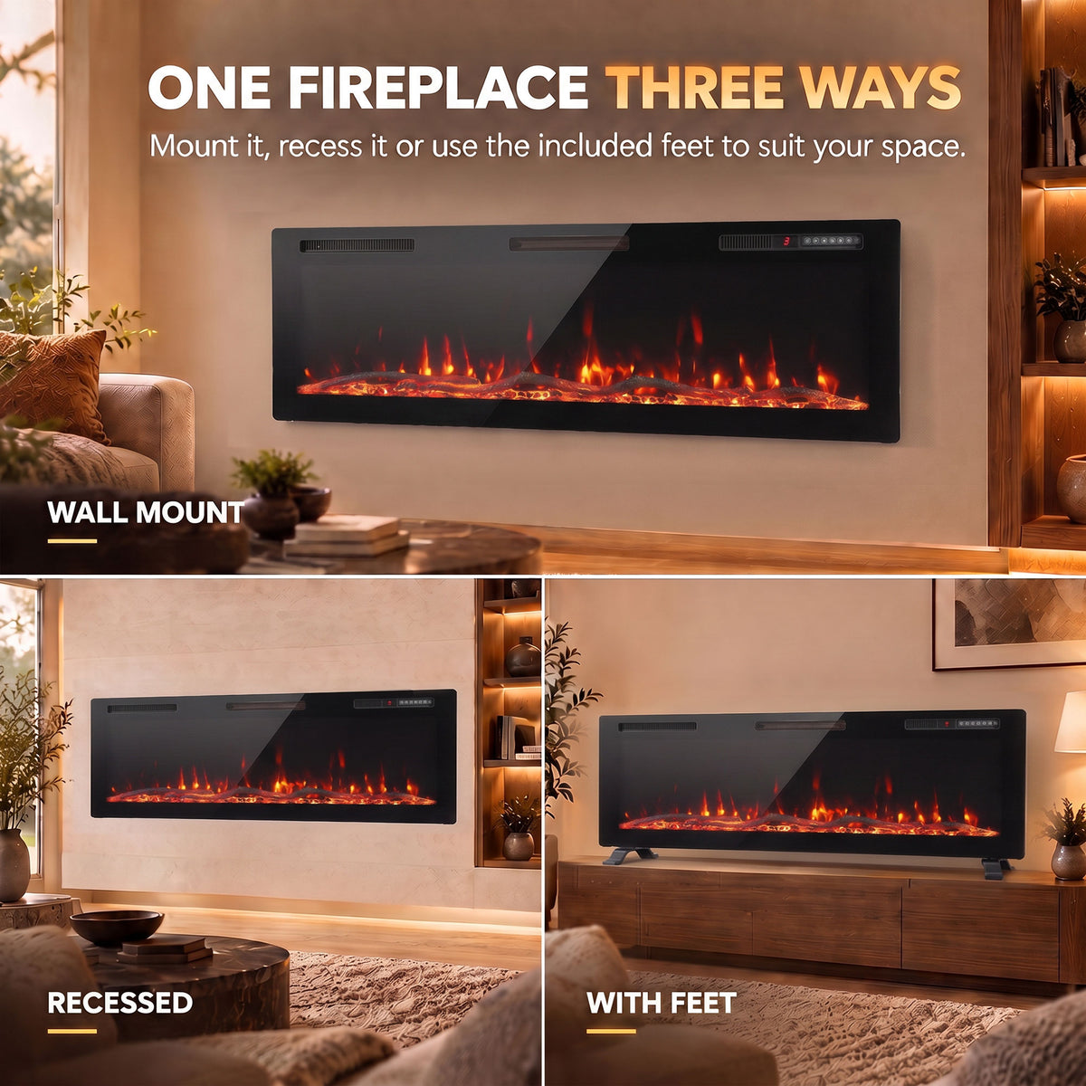 HOMCOM 3 IN 1 Slim Electric Fire, Wall Mounted/Recessed/Freestanding, Electric Fireplace with 12 Flame Colours, 5 Brightness