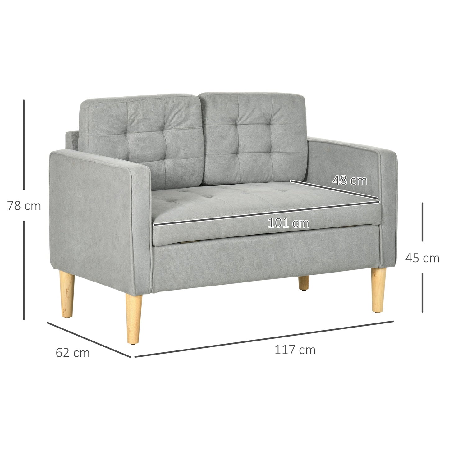 HOMCOM 2 Seater Storage Sofa Modern Loveseat w/ Wood Legs Back Buttons Comfortable Padding Home Office, Light Grey