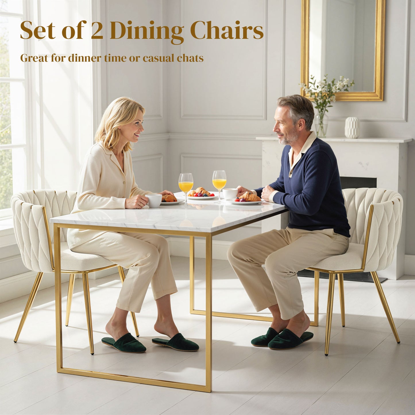 HOMCOM Velvet-Feel Dining Chairs Set of 2, Modern Upholstered Kitchen Chairs with Woven Backrest and Armrests, Metal Legs and Padded Seat for Dining Room, Bedroom, Living Room, Cream