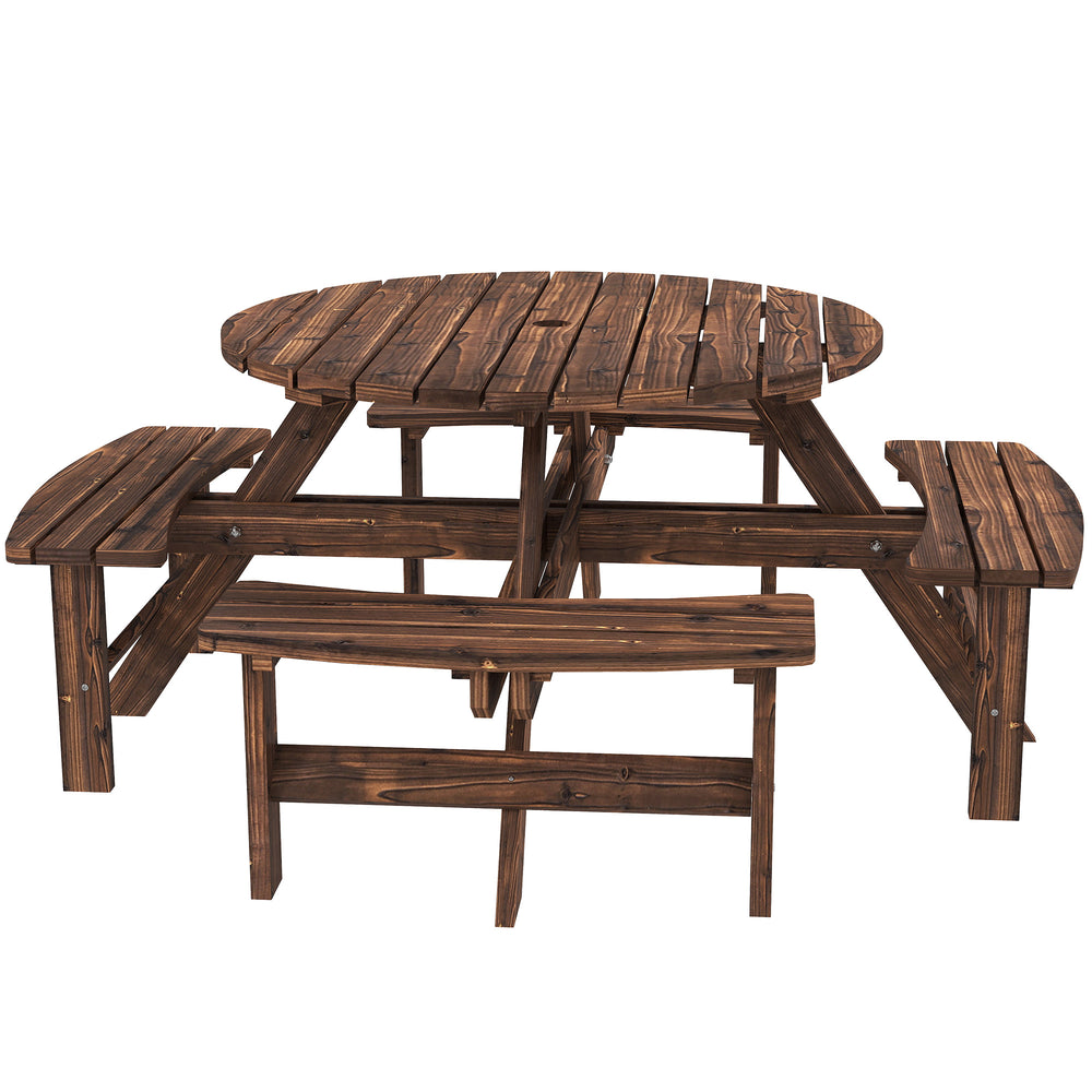 Outsunny Wooden Garden Dining Set, 8 Seater Patio Furniture Set with Round Picnic Table, Parasol Hole for Outdoor Garden, Tan
