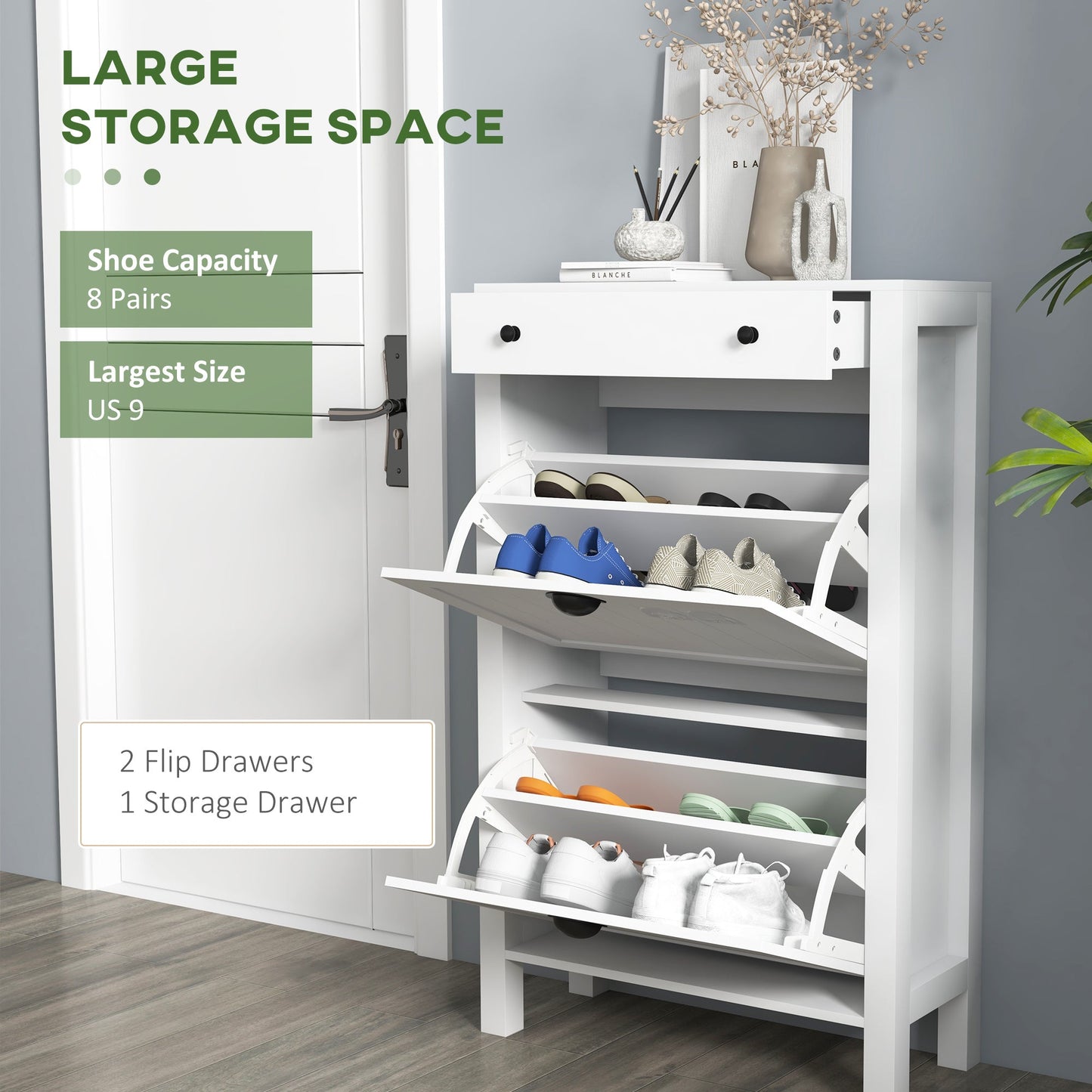 HOMCOM Narrow Shoe Cabinet with 2 Flip Drawers and Adjustable Shelves, White