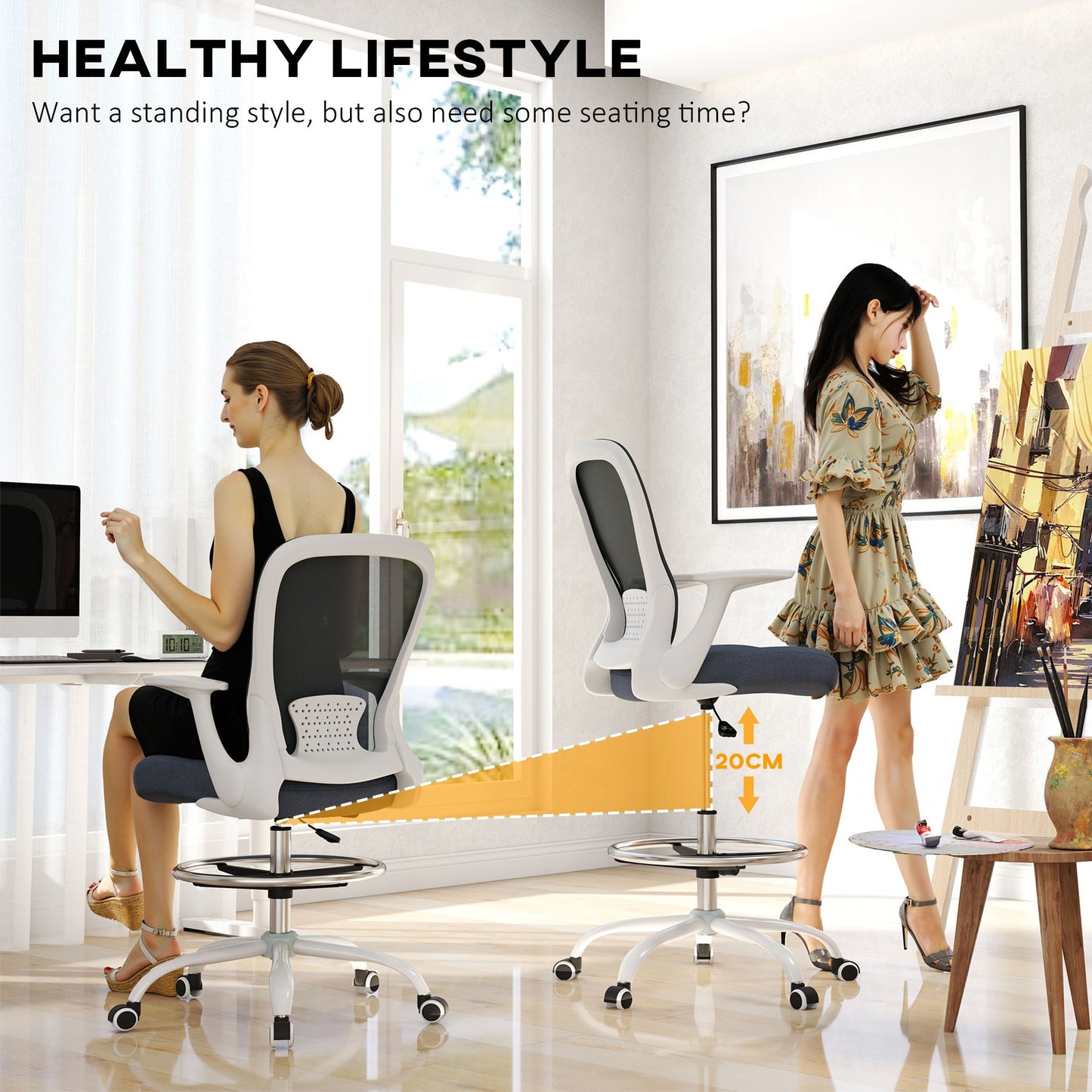 HOMCOM 99-119 cm Draughtsman Chair, with Adjustable Footrest - Grey