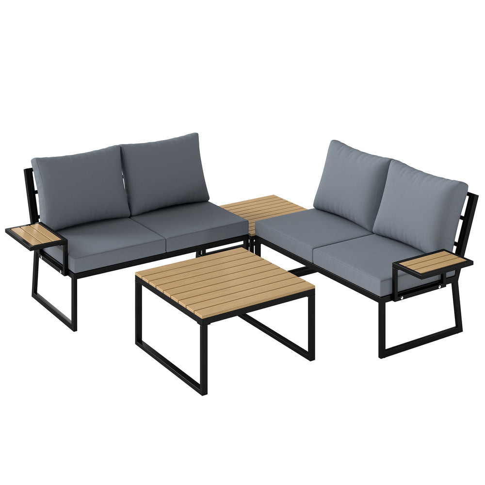 Outsunny 4 Seater Metal Garden Furniture Set, Corner Garden Sofa Set with 2 Loveseats, 2 Nesting Tables, Arm Side Trays, Teak