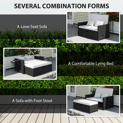 Outsunny Rattan Garden Daybed, Assembled Double Sun Lounger with 5-Level Adjustable Back, Storage Ottoman, Cream White