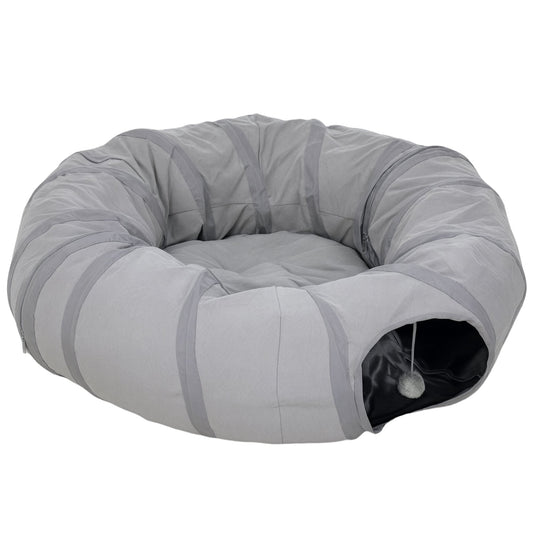 PawHut 2 in 1 Cat Tunnel with Bed, Cat Play Tunnel with Ball & Peek Hole for Indoor Cats, Grey
