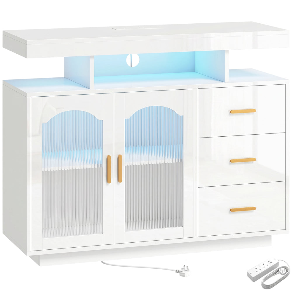 HOMCOM High Gloss Sideboard with LED Lights, Built-in Power Outlets, 3 Drawers, Shelves and 2 Acrylic Doors, White