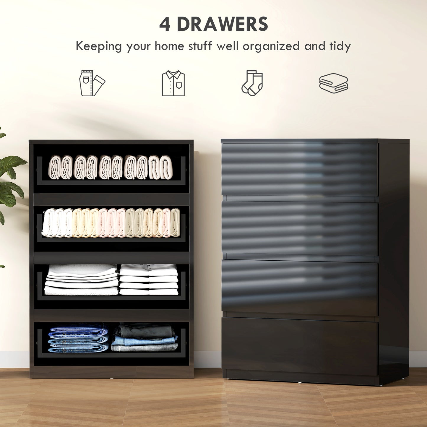 HOMCOM Chest of Drawers, 4-Drawer Storage Cabinets, Modern Dresser, Storage Drawer Unit for Bedroom