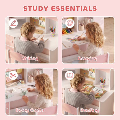 AIYAPLAY Kids Desk and Chair Set Storage Shelves Kids Desk Adjustable Tablet Stand Cork Board Pen Holder Pink