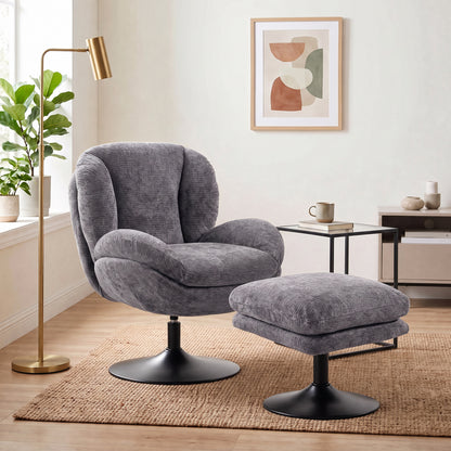 HOMCOM Modern Chenille Lazy Chair with Ottoman, 360° Swivel, Upholstered Reading Seat Set for Living Room, Dark Grey