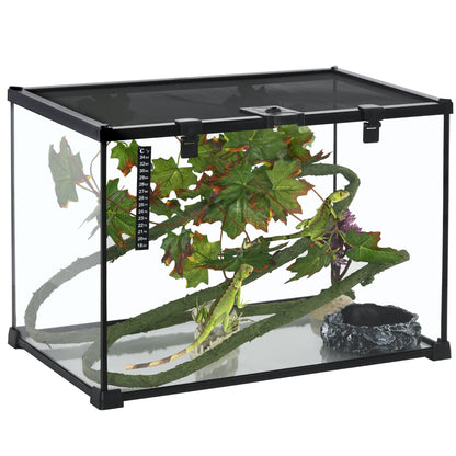 PawHut Glass Reptile Terrarium with Decor Kit, Breeding Tank with Thermometer for Small Animals, 50 x 30 x 35cm, Heated - Black