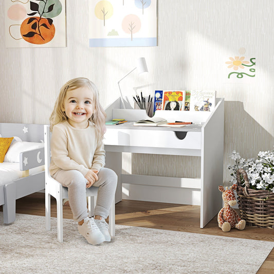 AIYAPLAY Children Study Table and Chair, Kids Desk and Chair Set with Storage, Pull-Out Drawer, for Ages 3-6 Years, Grey