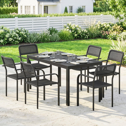 Outsunny Garden Dining Set for 6, Faux Wood Metal Outdoor Table and Stackable Chairs with Plastic Rattan Effect Seat, Black
