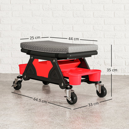 HOMCOM Rolling Mechanic Stool, 135kg Capacity Workshop Stool, 360 Swivel Roller Padded Creeper Seat with Wheels, Slide Out Tool Trays and Drawer for Garage, Shop, Auto Repair, Black