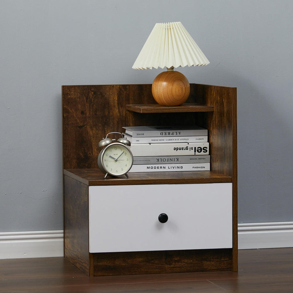 Urban Style Bedside Table with Drawer and Open Shelf Wooden Nightstand