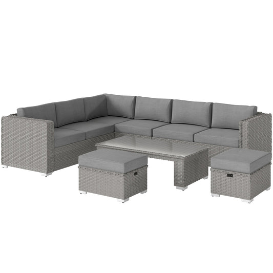 Outsunny 6 Pieces Outdoor PE Rattan Wicker Corner Sofa Set with 10cm Thick Padded Cushions, Aluminium Conservatory Furniture with Glass Top Coffee Table, Footstools, Grey