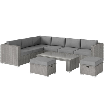 Outsunny 6 Pieces Outdoor PE Rattan Wicker Corner Sofa Set with 10cm Thick Padded Cushions, Aluminium Conservatory Furniture with Glass Top Coffee Table, Footstools, Grey