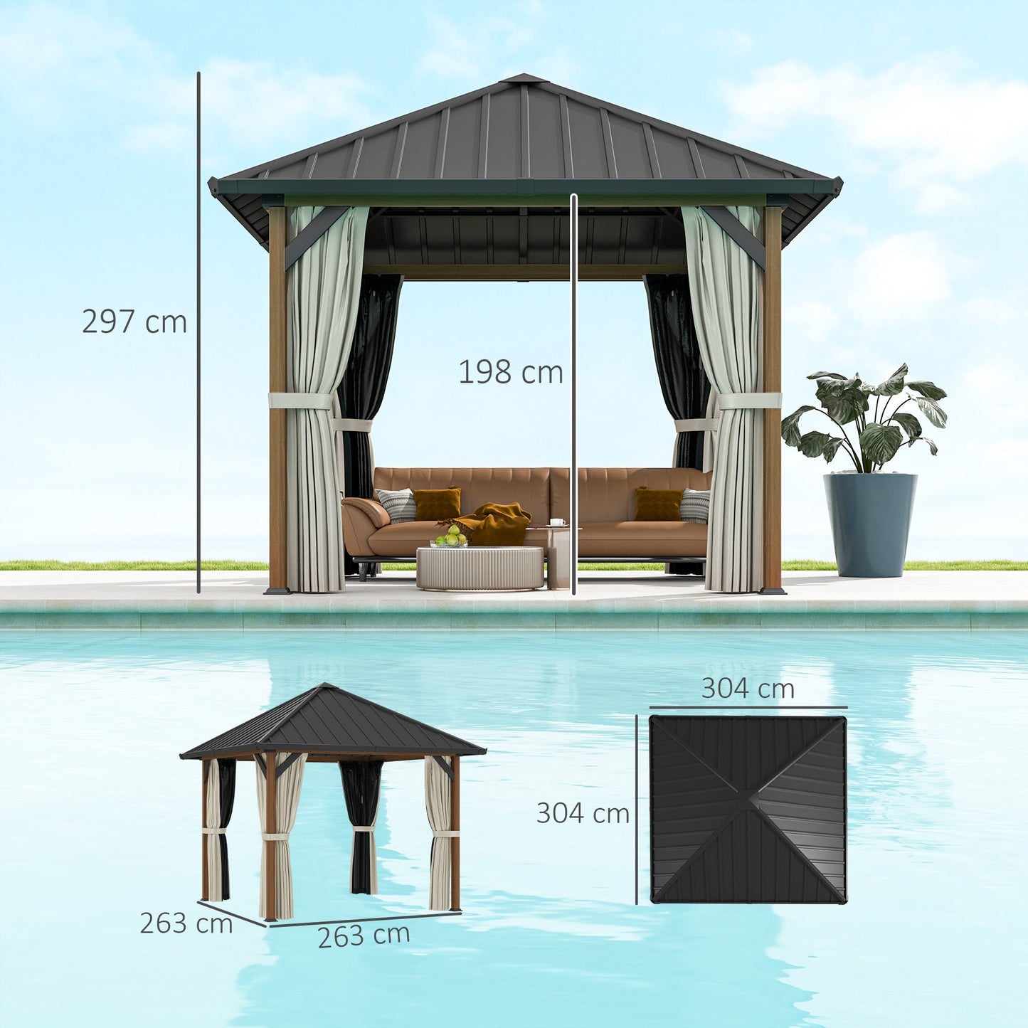 Outsunny 3 x 3(m) Hardtop Gazebo with Galvanised Steel Roof and Water Gutter, Waterproof Permanent Pavilion Garden Gazebo with Netting and Curtains for Patio, Deck, Walnut Wood Finish