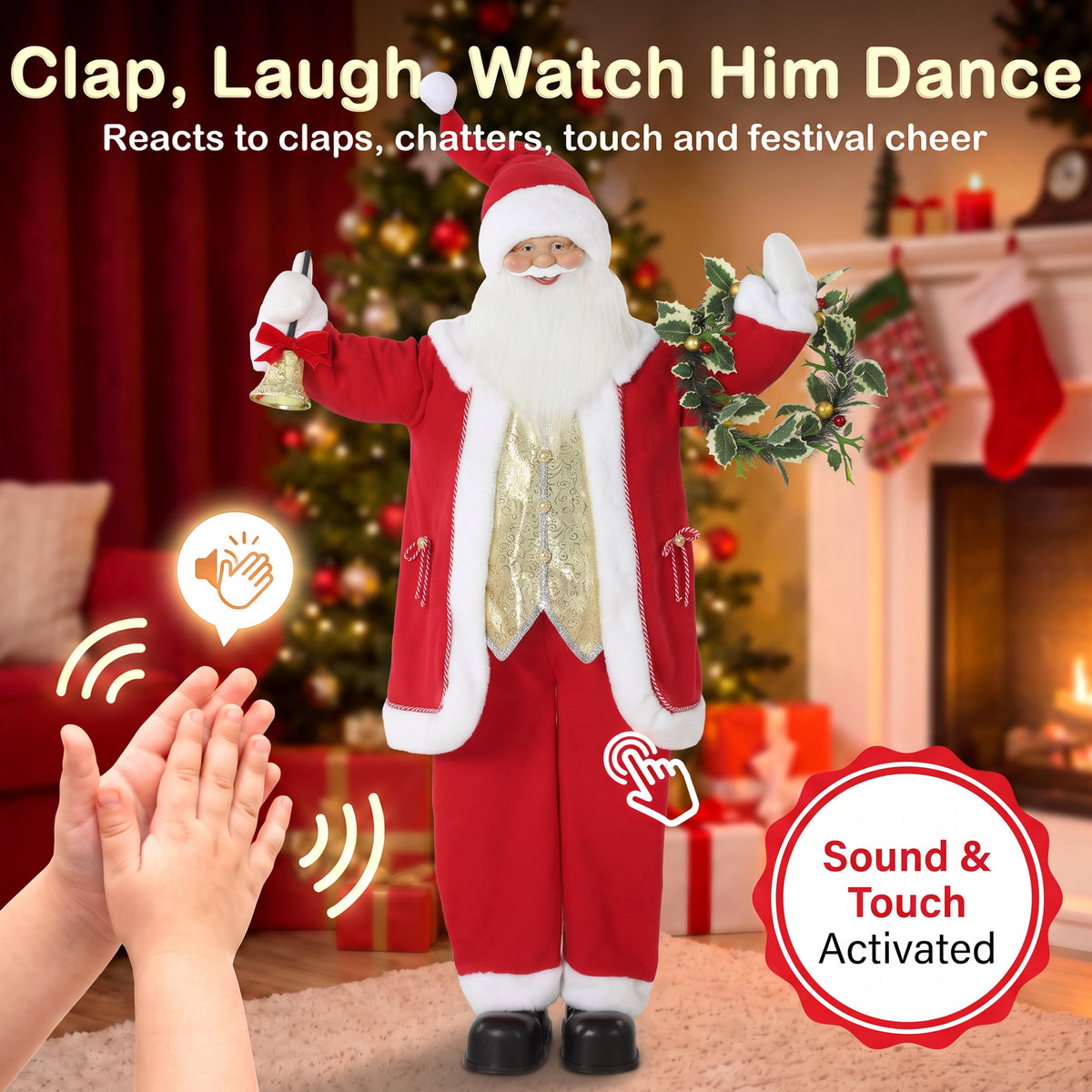 HOMCOM 5ft Life Size Singing Santa Claus, Standing Christmas Animated Santa Figure with Bell and Wreath, Sound/Touch Activated