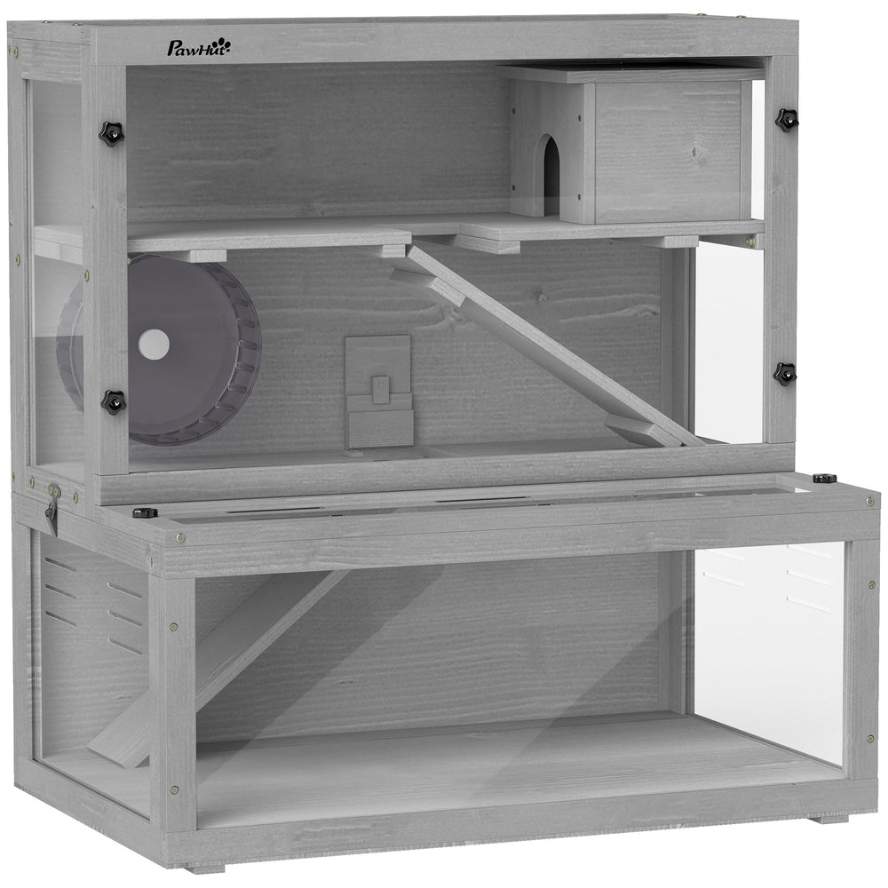 PawHut Wooden Hamster Cage with Hut, Wheel, Ramps, Removable Viewing Panels, 80 x 50 x 84 cm, Grey