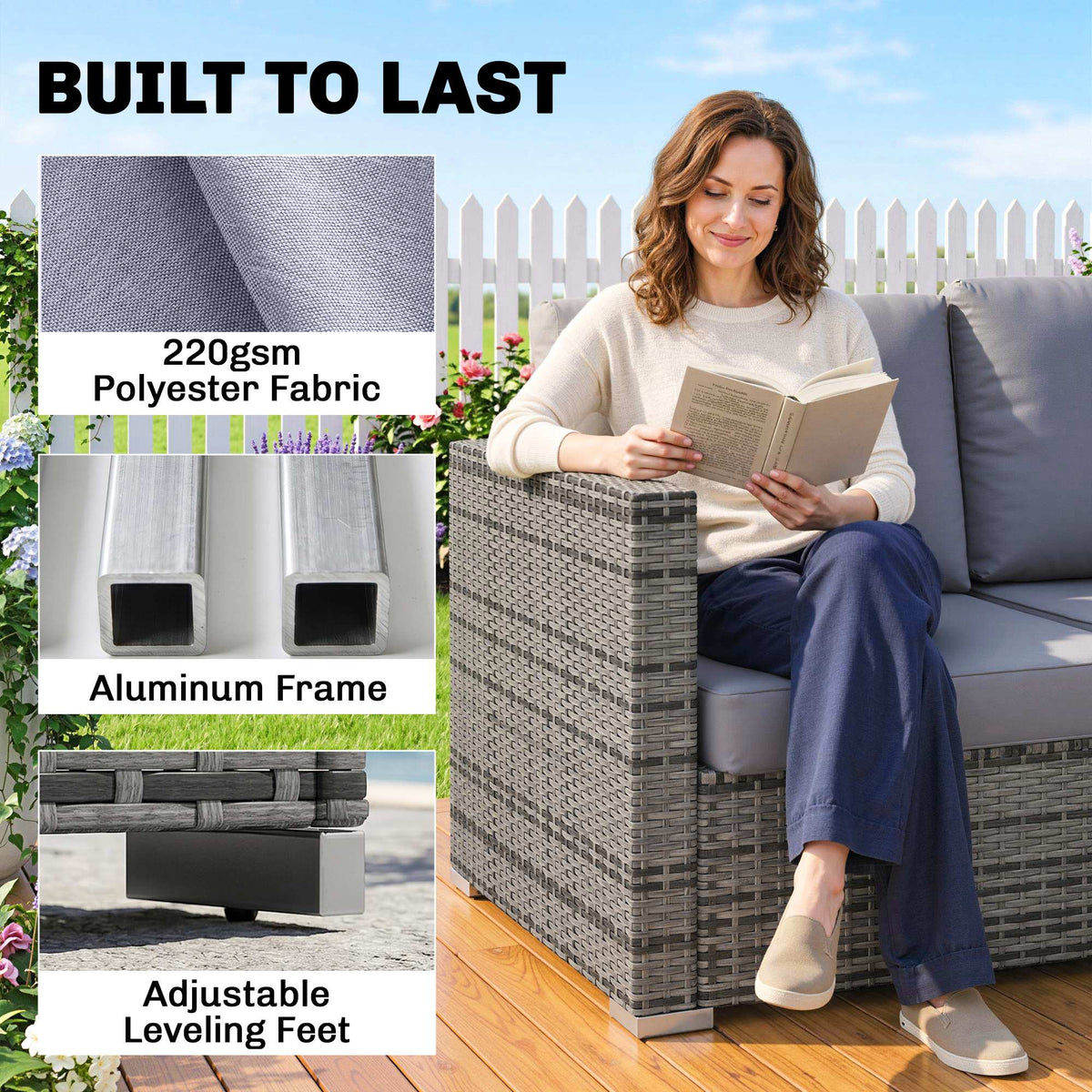 Outsunny Luxury 5 Seater Rattan Garden Furniture Set, 4 Pieces Outdoor Patio Conversation Set with Wide Seats, 220gsm Polyester Cushions, Tempered Glass Table, Corner Sofa, Loveseat, Grey