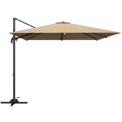 Outsunny 3 x 3 m Cantilever Parasol, Square Patio Umbrella with Crank Handle, Cross Base, Tilt, 360° Rotation, Khaki